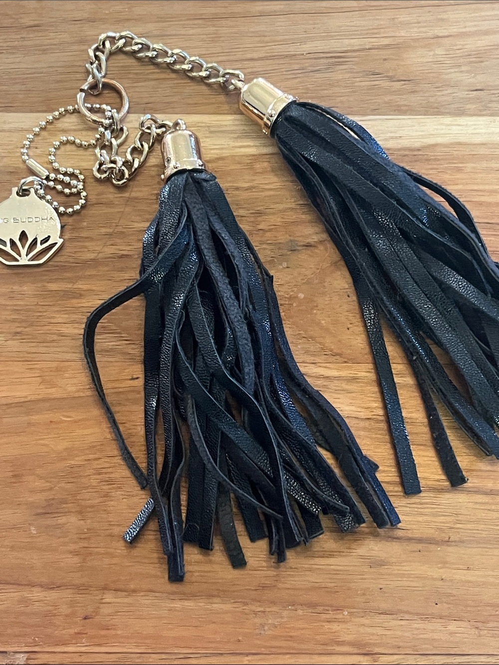 Big Buddha Black Double Tassel Keychain with Gold Accents